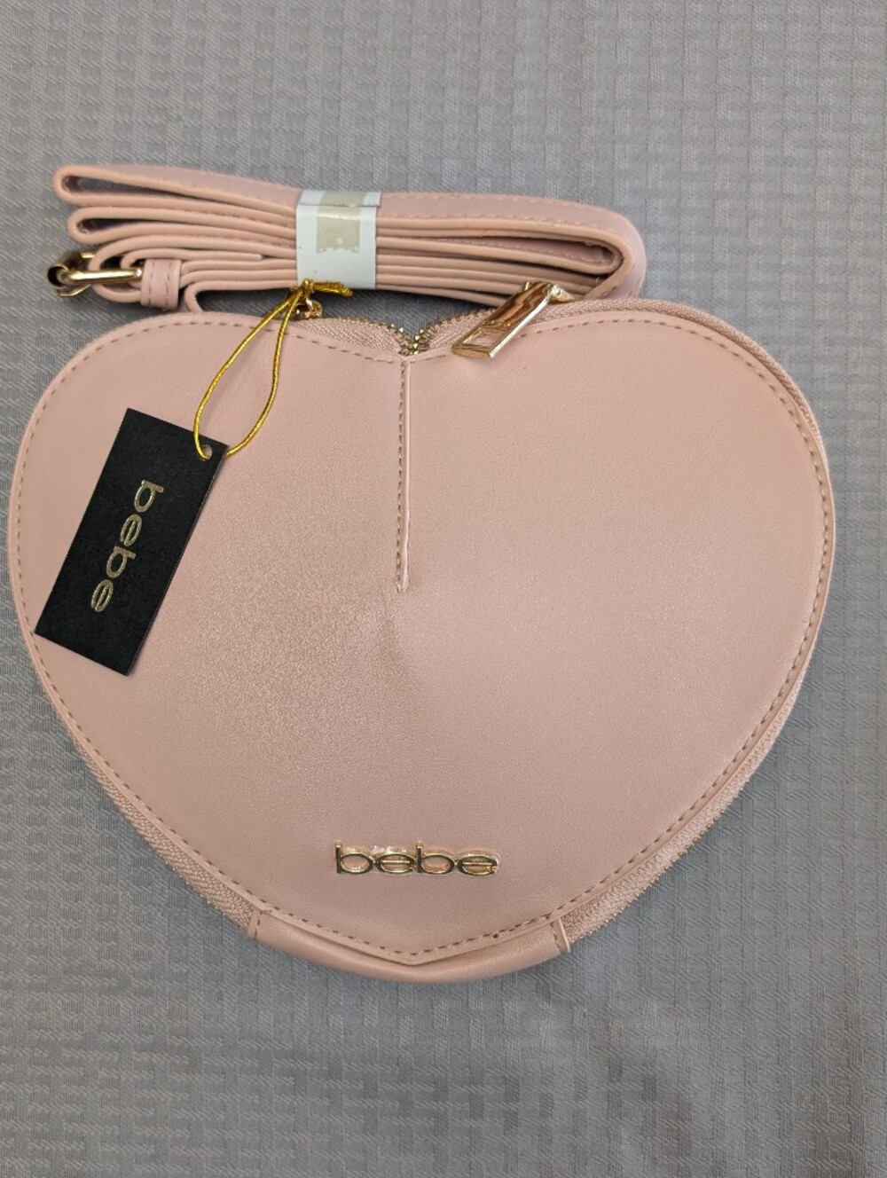 bebe Heart Crossbody Bag Pink Logo Pattern, Gold Hardware, Zip, Detachable Strap